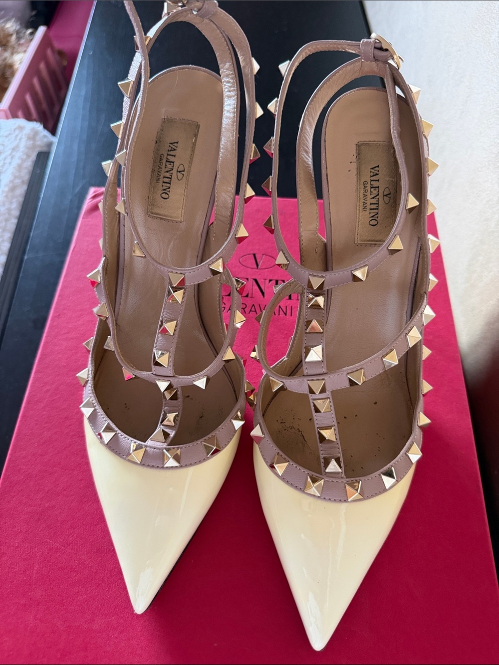Valentino Garavani Two-Tone Rockstud Pointed Slingbacks in Cream and Taupe